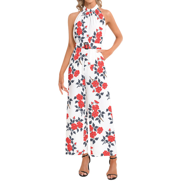 Floral Abstract Halter Neck Buckle Belted Jumpsuit - Objet D'Art