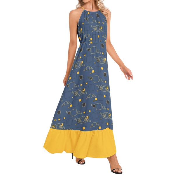 Golden Blueprint Ruffle Hem Halter Neck Maxi Dress - Objet D'Art