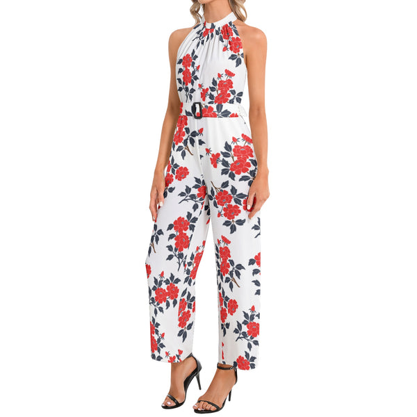 Floral Abstract Halter Neck Buckle Belted Jumpsuit - Objet D'Art
