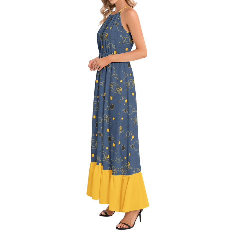 Golden Blueprint Ruffle Hem Halter Neck Maxi Dress - Objet D'Art