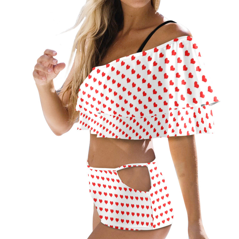 red hot hearts print Women's Ruffle Off Shoulder Bikini Swimsuit (Model S45) - Objet D'Art