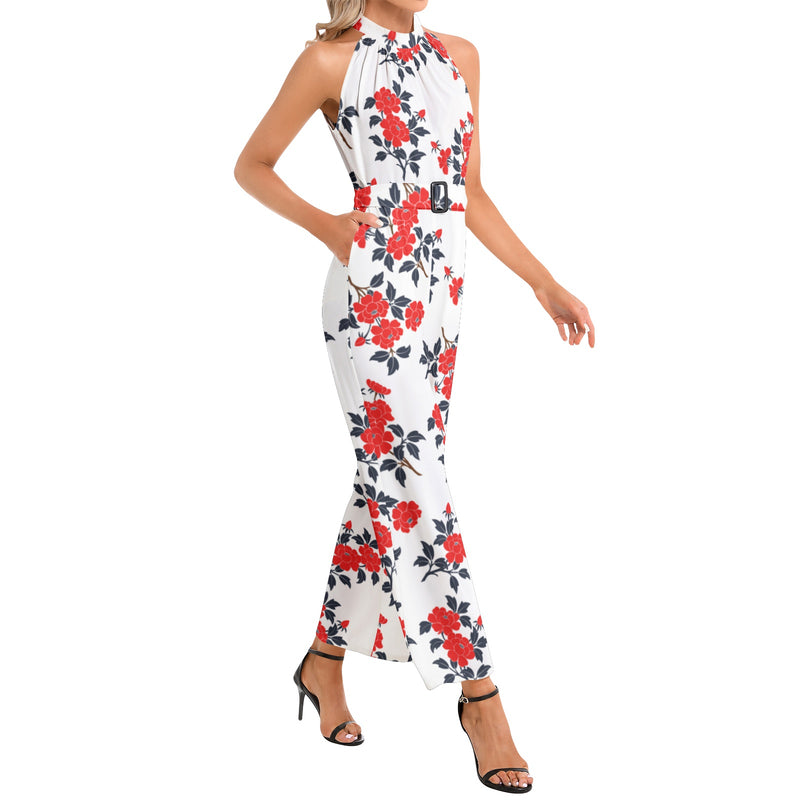 Floral Abstract Halter Neck Buckle Belted Jumpsuit - Objet D'Art