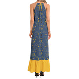 Golden Blueprint Ruffle Hem Halter Neck Maxi Dress - Objet D'Art