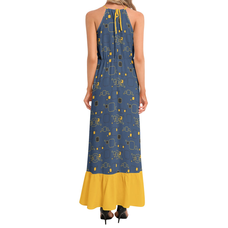 Golden Blueprint Ruffle Hem Halter Neck Maxi Dress - Objet D'Art