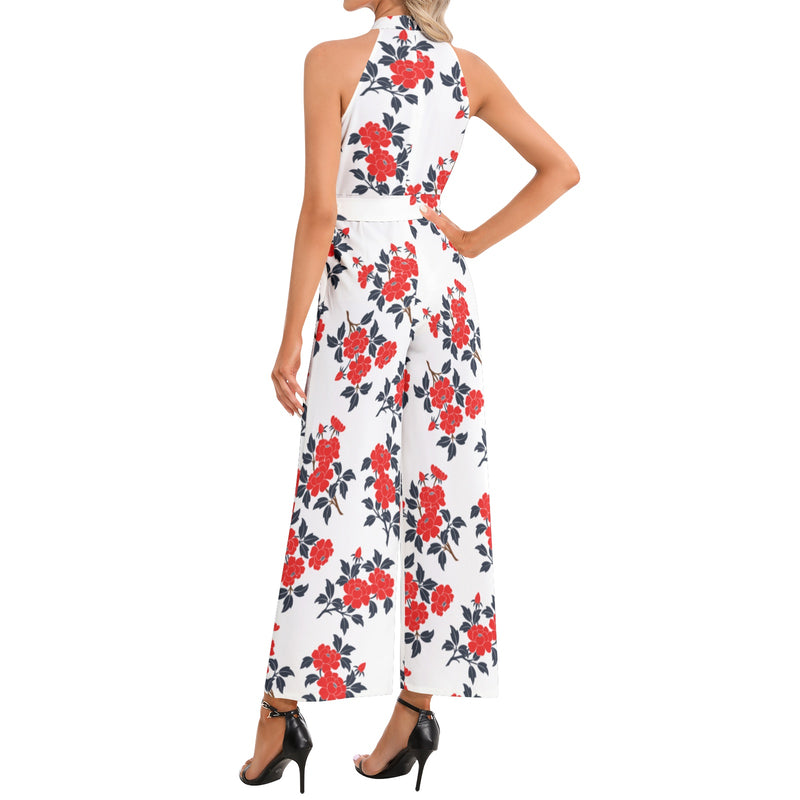 Floral Abstract Halter Neck Buckle Belted Jumpsuit - Objet D'Art