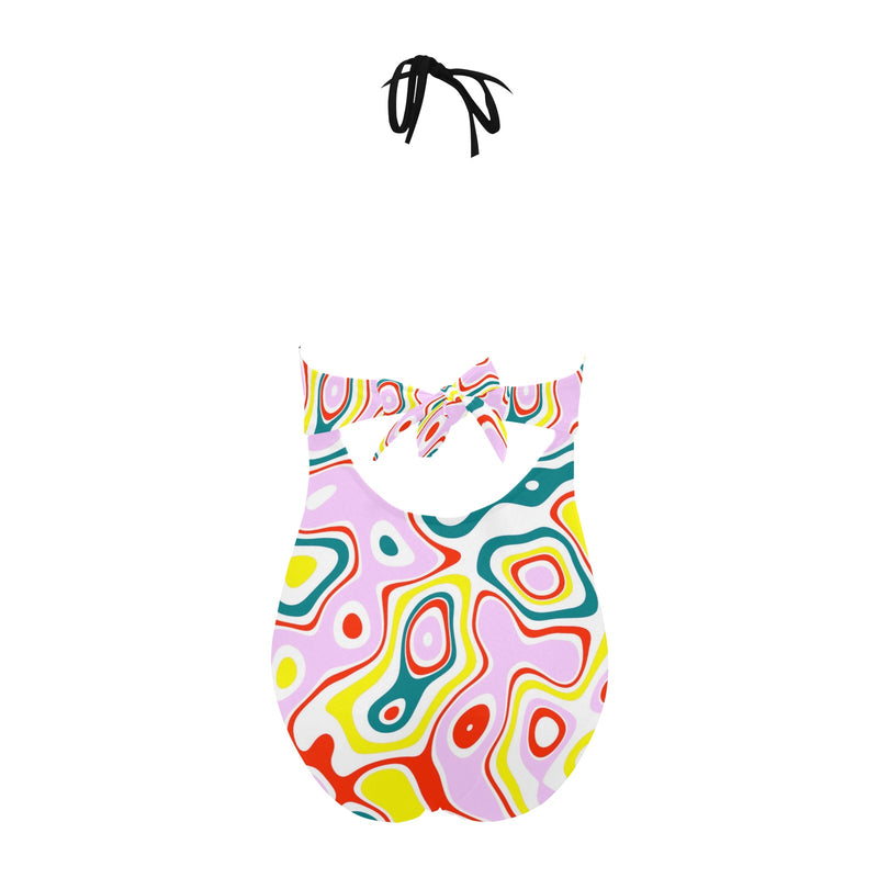 colored splat print 2 Backless Hollow Out Bow Tie Swimsuit (Model S17) - Objet D'Art