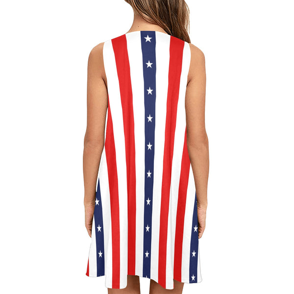stars and stripes print 2 Sleeveless A-Line Pocket Dress (Model D57) - Objet D'Art