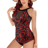 red and black scroll print Women's High Neck Plunge Mesh Ruched Swimsuit (S43) - Objet D'Art