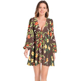 Autumn Wild Flowers Lantern Sleeve Deep V-Neck Short Dress - Objet D'Art