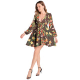 Autumn Wild Flowers Lantern Sleeve Deep V-Neck Short Dress - Objet D'Art