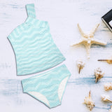 greek key chevron light blue print 2 Women's One Shoulder Backless Swimsuit (Model S44) - Objet D'Art