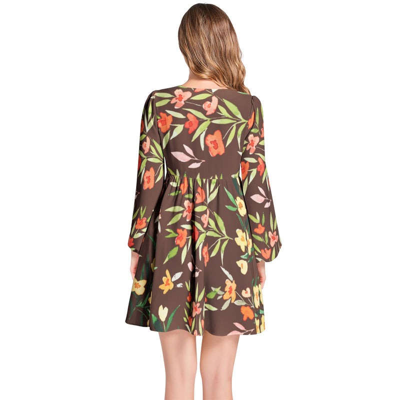 Autumn Wild Flowers Lantern Sleeve Deep V-Neck Short Dress - Objet D'Art