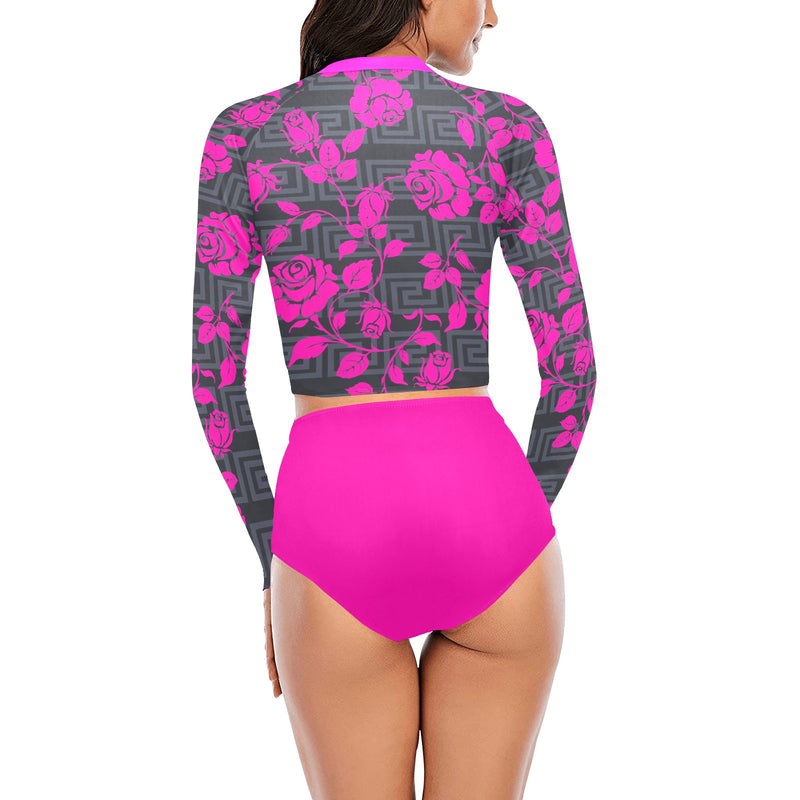 fuchsia print solid Long Sleeve Bikini Set (Model S27) - Objet D'Art