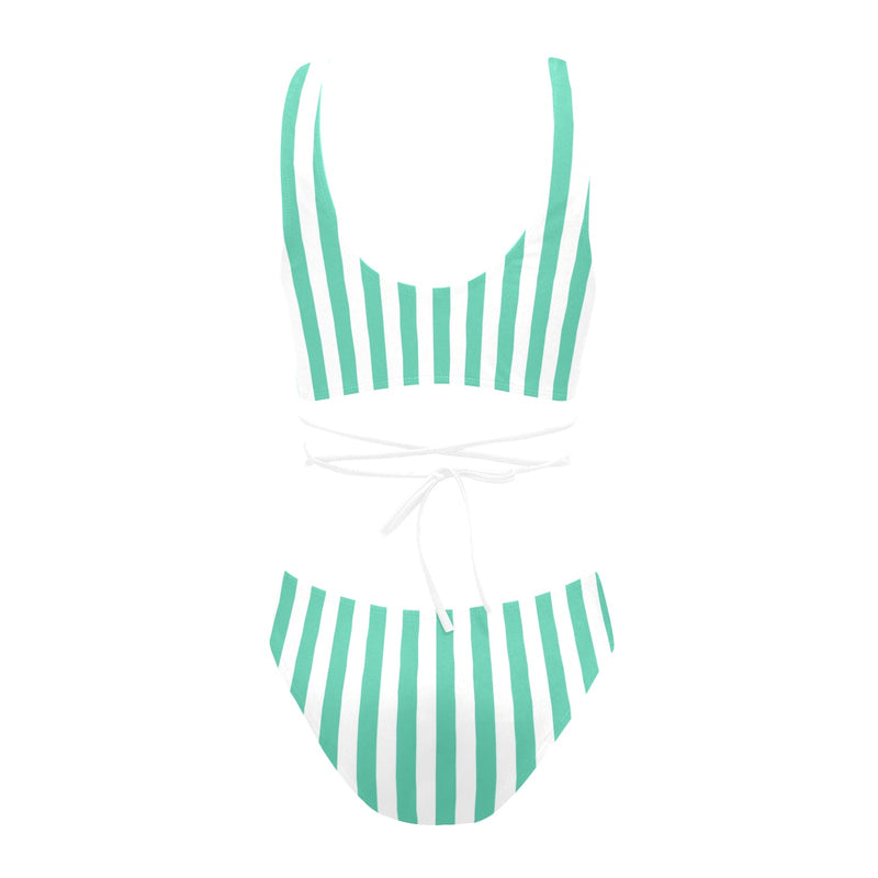 mint green striped print Cross String Bikini Set (Model S29) - Objet D'Art