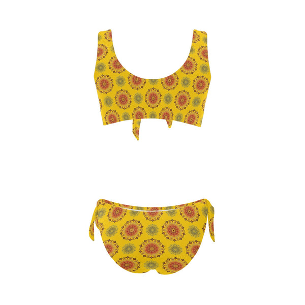 mandala gold print 3 Bow Tie Front Bikini Swimsuit (Model S38) - Objet D'Art