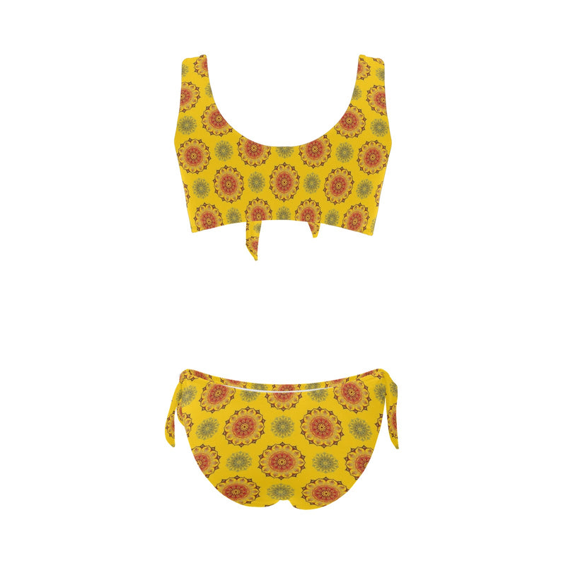 mandala gold print 3 Bow Tie Front Bikini Swimsuit (Model S38) - Objet D'Art