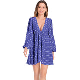 Polka dot Lantern Sleeve Deep V-Neck Short Dress - Objet D'Art