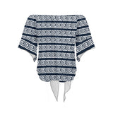 white on blue greek key print Off Shoulder Knot Front Blouse (Model T71) - Objet D'Art
