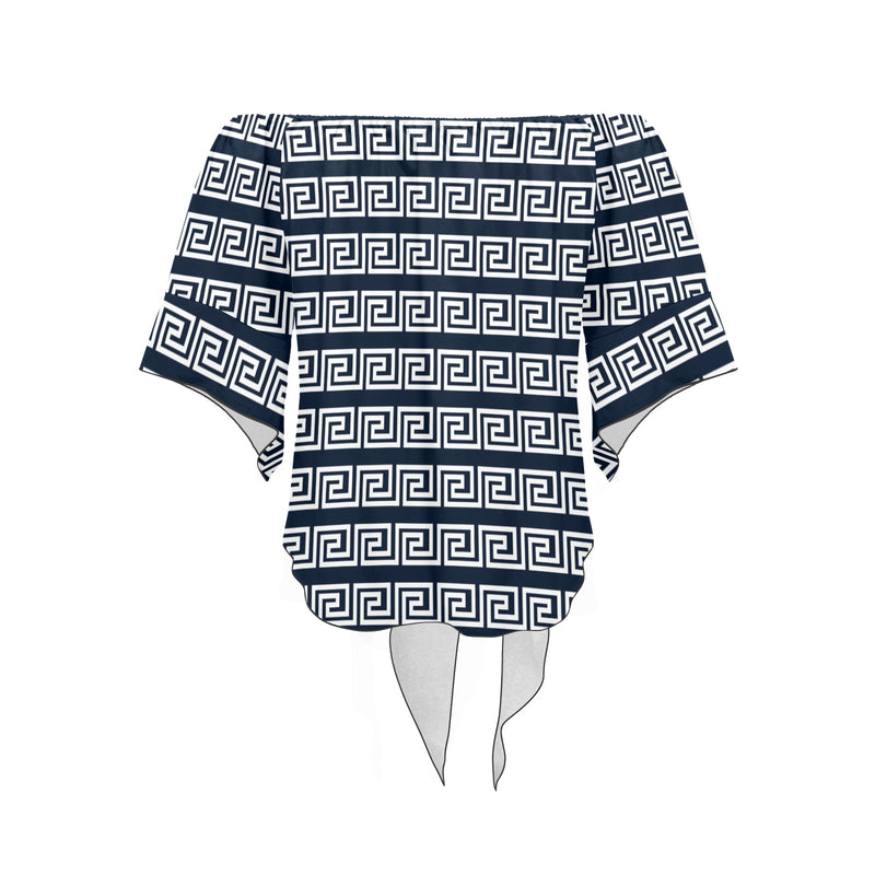 white on blue greek key print Off Shoulder Knot Front Blouse (Model T71) - Objet D'Art