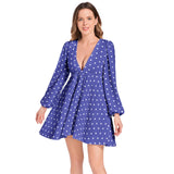 Polka dot Lantern Sleeve Deep V-Neck Short Dress - Objet D'Art