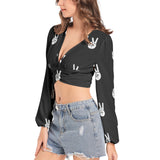 Peace Sign Women's Deep V-Neck Lantern Sleeve Crop Top - Objet D'Art