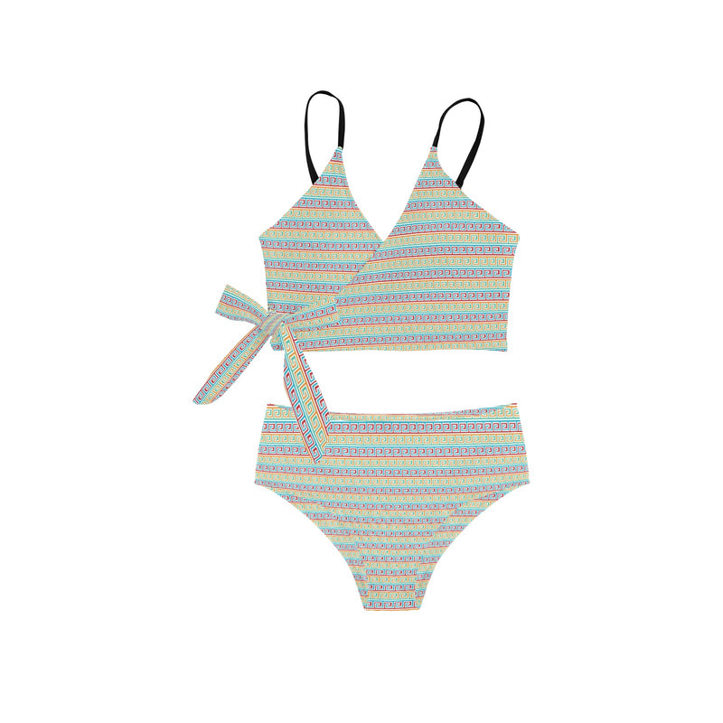 greek key light colors print 2 Knot Side Bikini Swimsuit (Model S37) - Objet D'Art