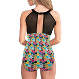 colorful hex swimwear print Women's High Neck Plunge Mesh Ruched Swimsuit (S43) - Objet D'Art