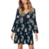 floral blue print 5 V-Neck Loose Fit Dress (Model D62) - Objet D'Art