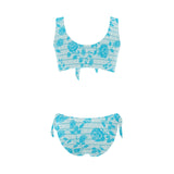 greek roses in blue print Bow Tie Front Bikini Swimsuit (Model S38) - Objet D'Art