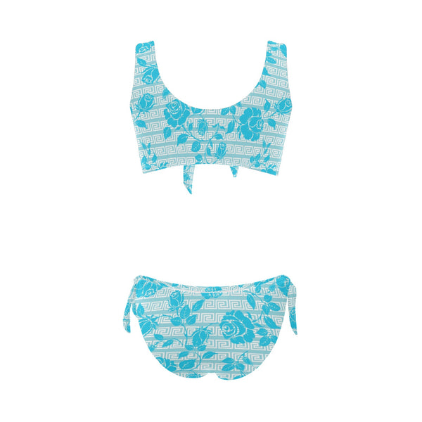 greek roses in blue print Bow Tie Front Bikini Swimsuit (Model S38) - Objet D'Art
