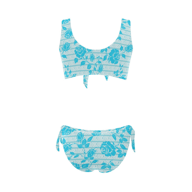 greek roses in blue print Bow Tie Front Bikini Swimsuit (Model S38) - Objet D'Art