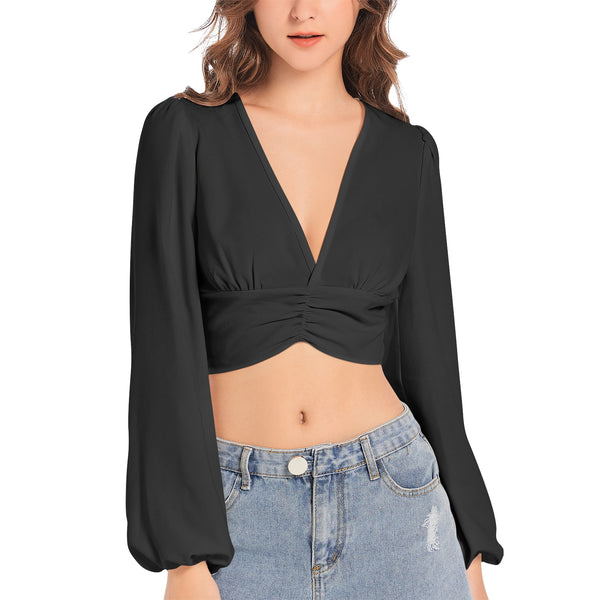 Black Women's Deep V-Neck Lantern Sleeve Crop Top - Objet D'Art