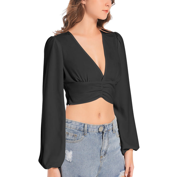 Black Women's Deep V-Neck Lantern Sleeve Crop Top - Objet D'Art