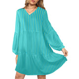 blue green striped print 2 V-Neck Loose Fit Dress (Model D66) - Objet D'Art