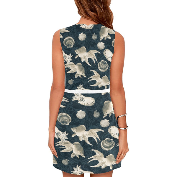 aqua world print 10 Eos Women's Sleeveless Dress (Model D01) - Objet D'Art