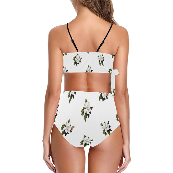 magnolia print on white Knot Side Bikini Swimsuit (Model S37) - Objet D'Art