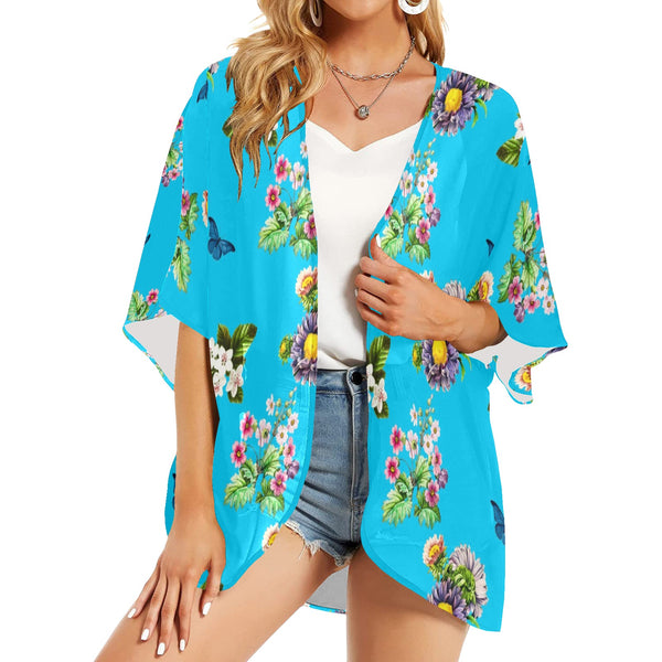 light blue floral print 3 Women's Kimono Chiffon Cover Up (Model H51) - Objet D'Art
