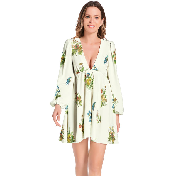 Wild Flowers Lantern Sleeve Deep V-Neck Short Dress - Objet D'Art