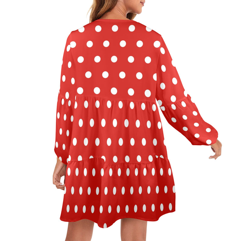 wild flower red polka dots V-Neck Loose Fit Dress (Model D66) - Objet D'Art