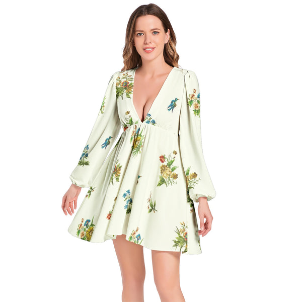 Wild Flowers Lantern Sleeve Deep V-Neck Short Dress - Objet D'Art