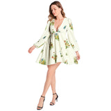 Wild Flowers Lantern Sleeve Deep V-Neck Short Dress - Objet D'Art