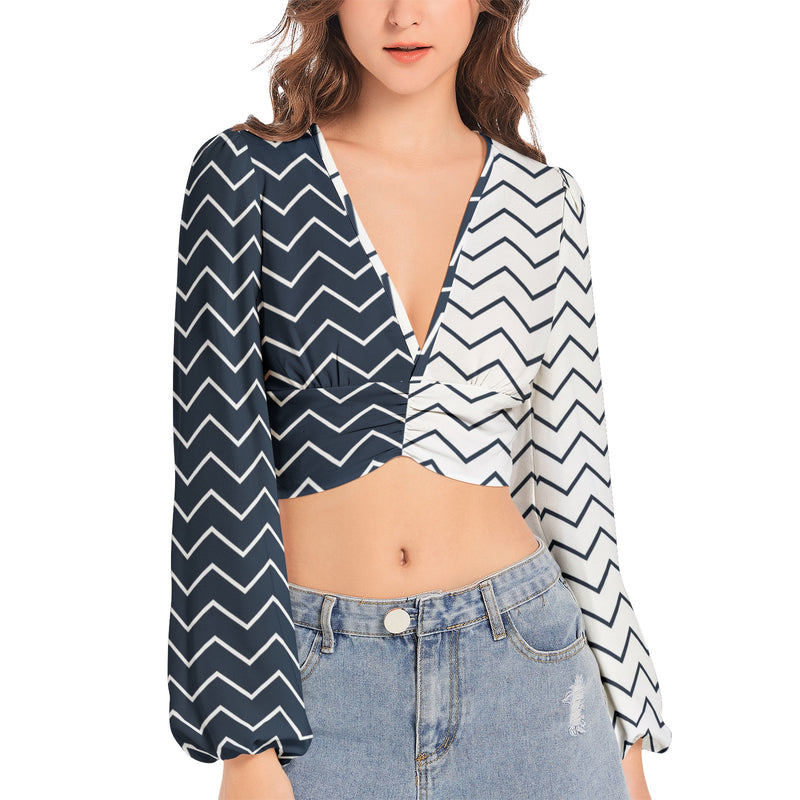 Women's Deep V-Neck Lantern Sleeve Crop Top - Objet D'Art