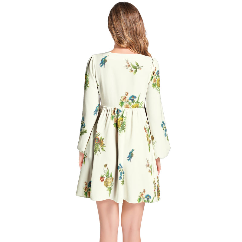 Wild Flowers Lantern Sleeve Deep V-Neck Short Dress - Objet D'Art