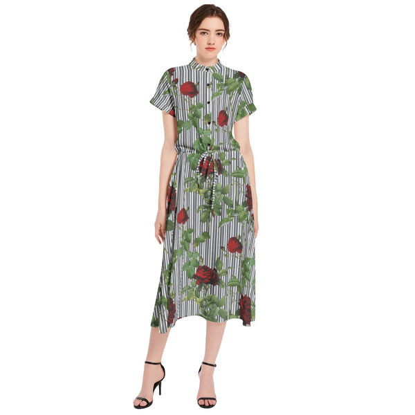 Rose Print Drawstring Waist A-line Flared Midi Dress - Objet D'Art