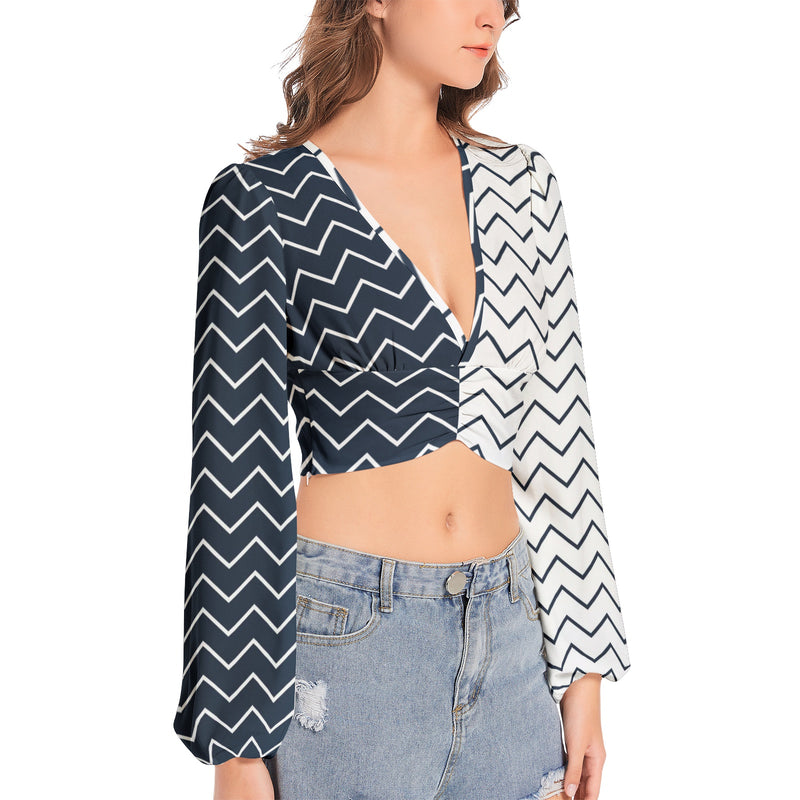 Women's Deep V-Neck Lantern Sleeve Crop Top - Objet D'Art