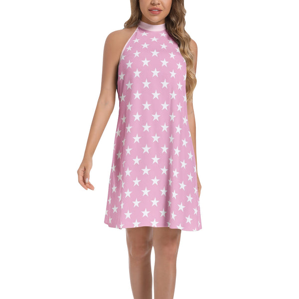 All Stars in Pink Tie Back Halter Neck Flared Dress - Objet D'Art