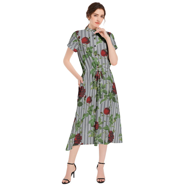 Rose Print Drawstring Waist A-line Flared Midi Dress - Objet D'Art