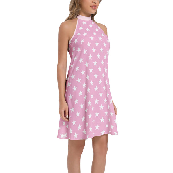 All Stars in Pink Tie Back Halter Neck Flared Dress - Objet D'Art