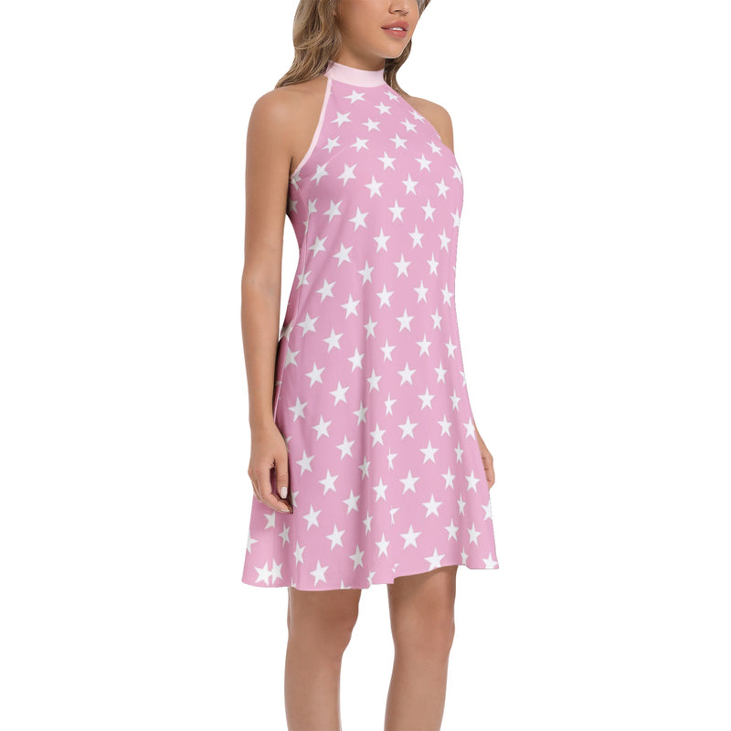 All Stars in Pink Tie Back Halter Neck Flared Dress - Objet D'Art