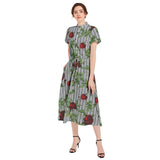 Rose Print Drawstring Waist A-line Flared Midi Dress - Objet D'Art